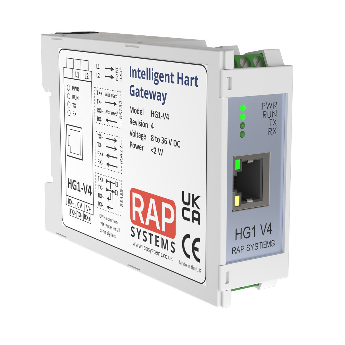HG1v4 Intelligent HART Gateway, DIN-rail HART to Modbus gateway with Ethernet port and status LEDs
