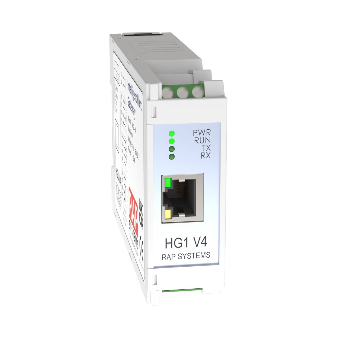 HG1v4 HART gateway front panel with PWR, RUN, TX and RX LEDs and RJ45 Ethernet port